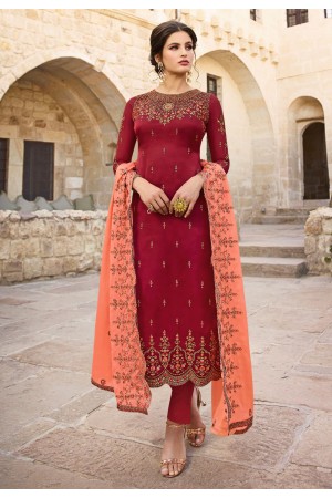 Maroon satin kameez with pant 18075