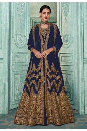 Navy blue faux georgette embroidered jacket style suit SJ83