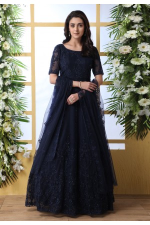 Navy blue net embroidered long anarkali suit 4204