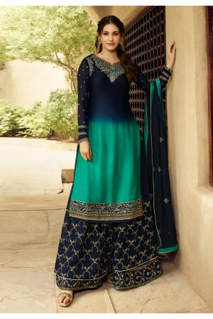 Navy blue satin embroidered kameez with palazzo 5403