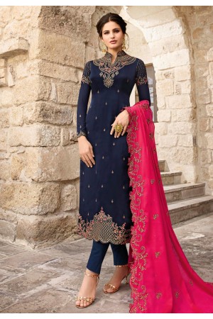 Navy blue satin pant style suit 18072