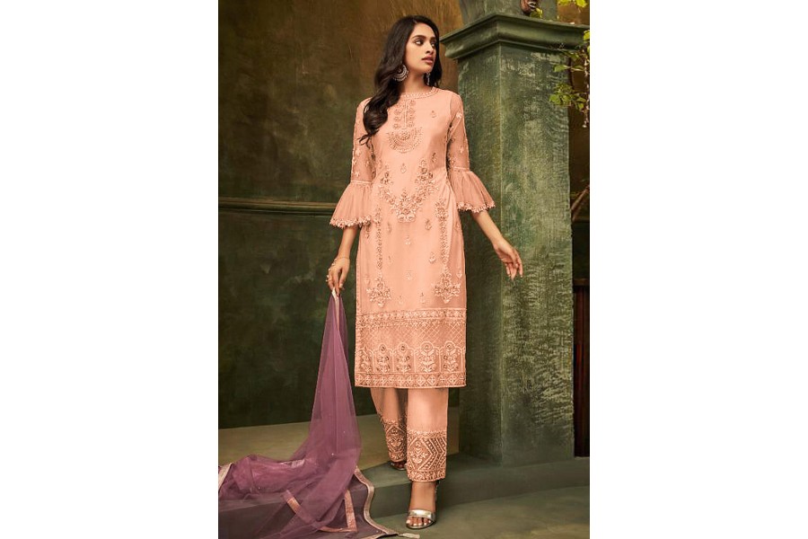 Peach Attractive Looking Readymade Pant Suit With Designer Embroidery Work
