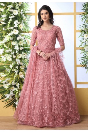 Pink net embroidered abaya style anarkali suit 4202