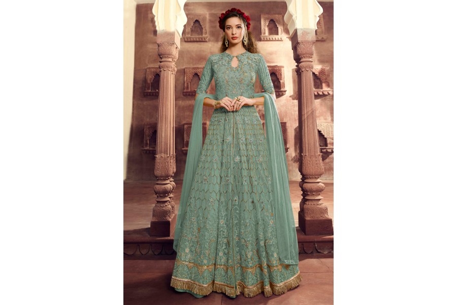 Sea Green Thread Embroidered A-Line Lehenga Choli main image 1