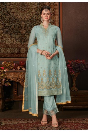 Sky blue net pant style suit 8201