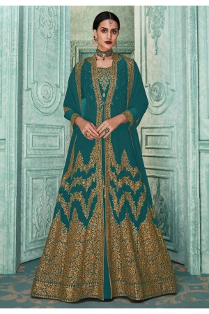 Turquoise faux georgette embroidered long anarkali suit SJ82