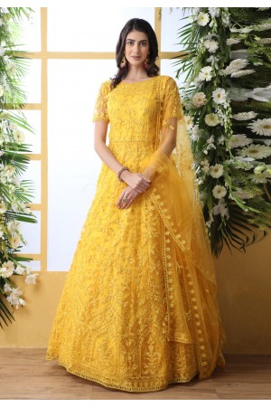 Yellow net embroidered abaya style anarkali suit 4203