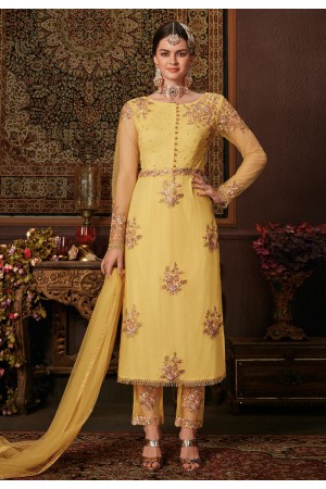 Yellow net pant style suit 8207