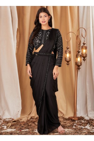 Black chinnon embroidered ready to wear wedding saree with blouse 102091D