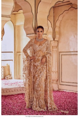 Bollywood Model Beige net sequins embroidered wedding saree