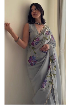 Bollywood model hand work sequins taby silk grey color designer saree
