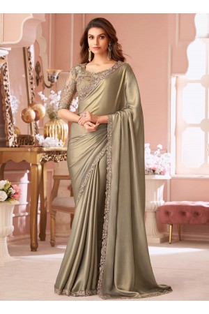 Gold chiffon shimmer wedding saree with heavy embroidered blouse 8008