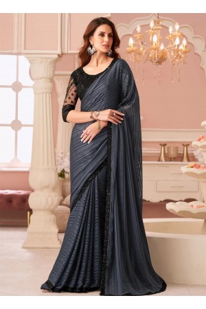 Grey georgette wedding saree with heavy embroidered blouse 8005
