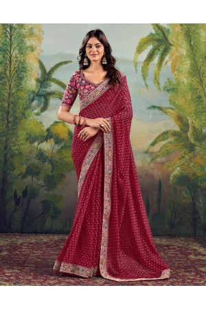 Maroon georgette wedding saree with heavy embroidered blouse 1009