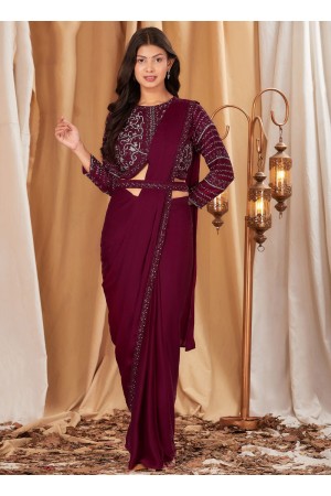 Maroon chinnon embroidered ready to wear wedding saree with blouse 102091A
