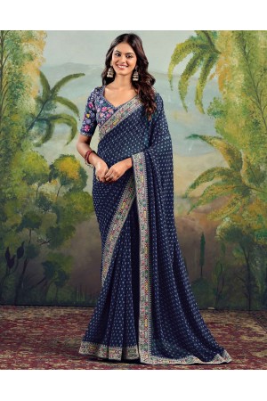 Navy blue georgette wedding saree with heavy embroidered blouse 1002