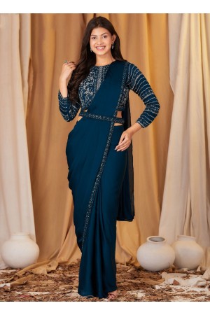 Teal blue chinnon embroidered ready to wear wedding saree with blouse 102091B