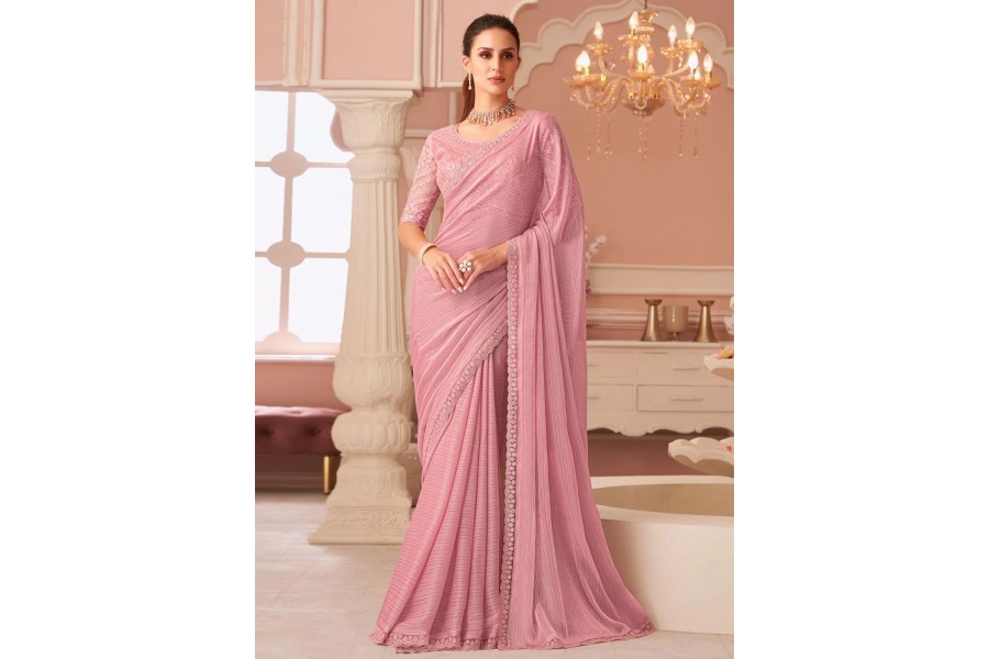 Women's Georgette Rose Gold Embellished Designer Saree With Blouse Piece