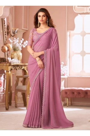 Onion Pink georgette wedding saree with heavy embroidered blouse 8006