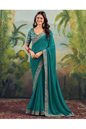 Teal green georgette wedding saree with heavy embroidered blouse 1003