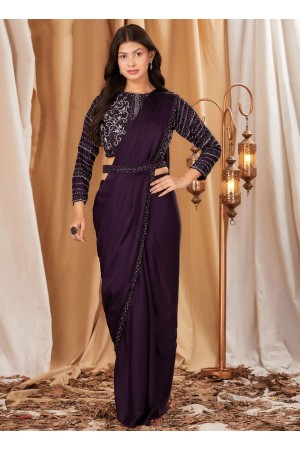 Wine chinnon embroidered ready to wear wedding saree with blouse 102091C