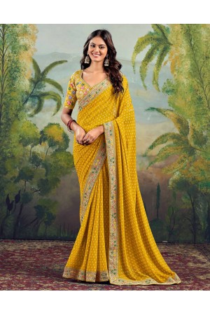 Yellow georgette wedding saree with heavy embroidered blouse 1008
