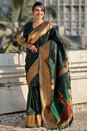 Bottle green woven paithani soft silk traditional wedding saree with blouse 006