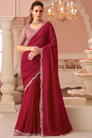 Cherry red georgette wedding saree with heavy embroidered blouse 8001
