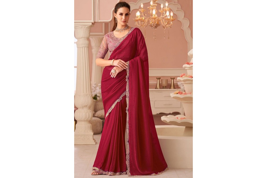 Women's Georgette Red Embellished Designer Saree With Blouse Piece