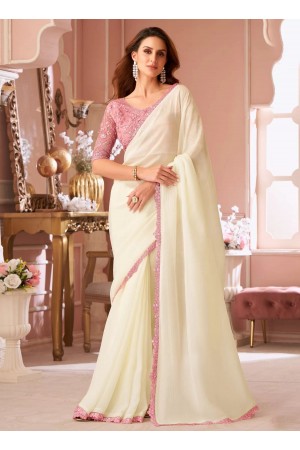 Cream crystal georgette wedding saree with heavy embroidered blouse 8009