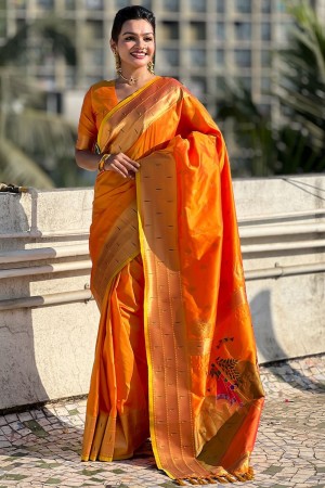 Golden Yellow woven paithani soft silk traditional wedding saree with blouse 002