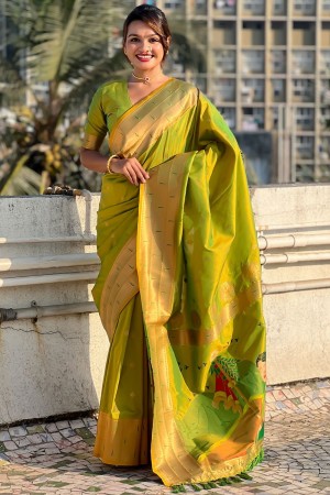 Parrot green woven paithani soft silk traditional wedding saree with blouse 007