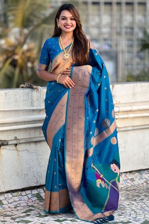 Peacock blue woven paithani soft silk traditional wedding saree with blouse 009