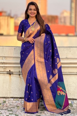 Royal blue woven paithani soft silk traditional wedding saree with blouse 001