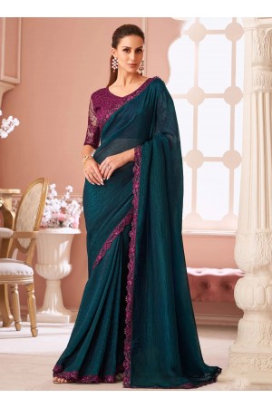 Peacock blue georgette wedding saree with heavy embroidered blouse 8016