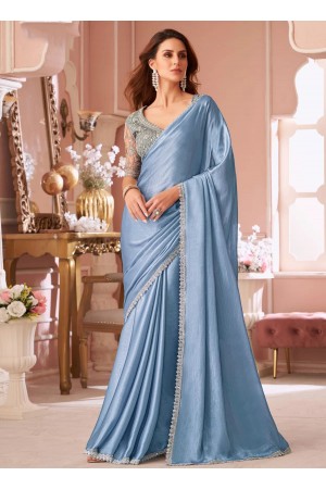Blue shimmer chiffon wedding saree with heavy embroidered blouse 8007