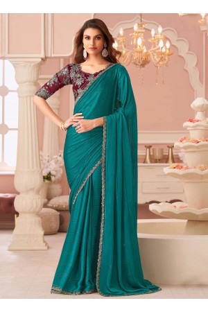 Teal green satin wedding saree with heavy embroidered blouse 8014