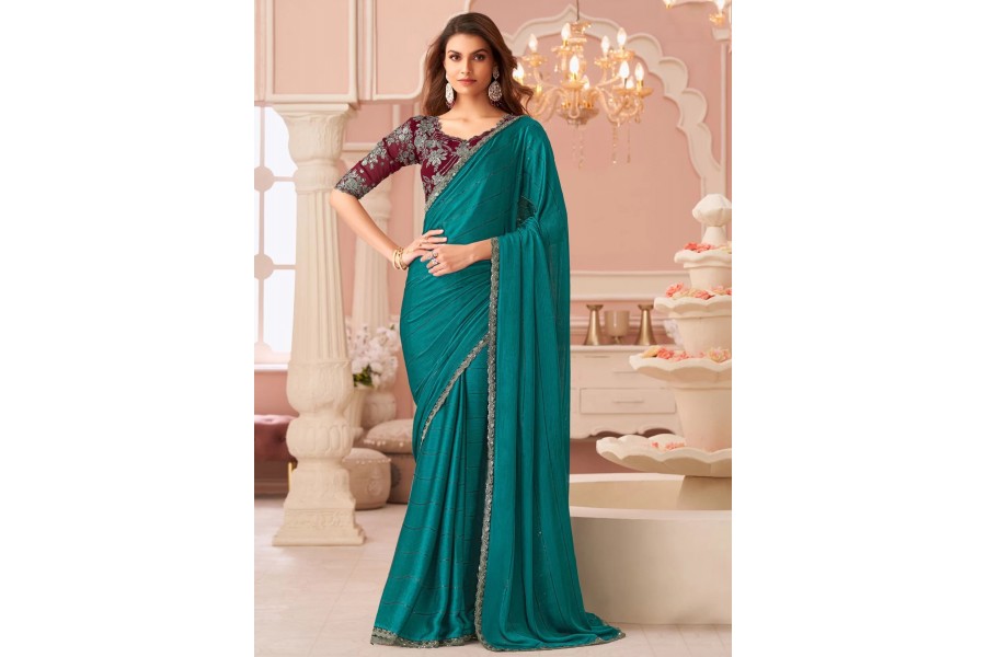 Teal Net Saree with Blouse Piece main image 1