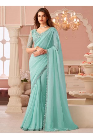 Turquoise georgette wedding saree with heavy embroidered blouse 8012