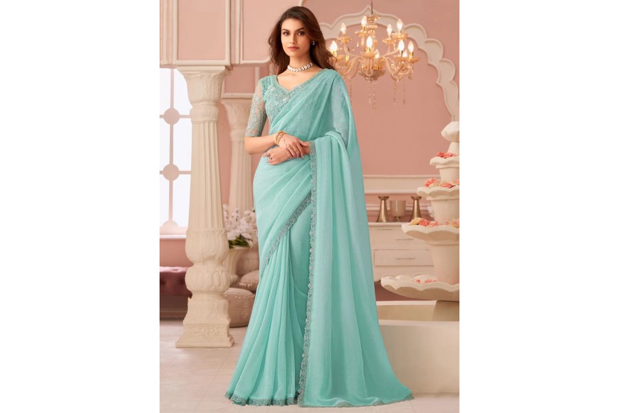 Women's Georgette Turquoise Embellished Designer Saree With Blouse Piece