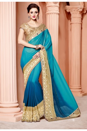 Shaded blue and gold silk wedding wear saree