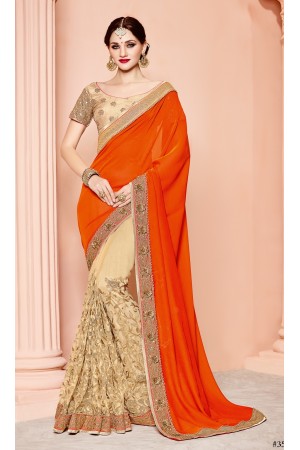 Orange and beige silk satin wedding wear saree