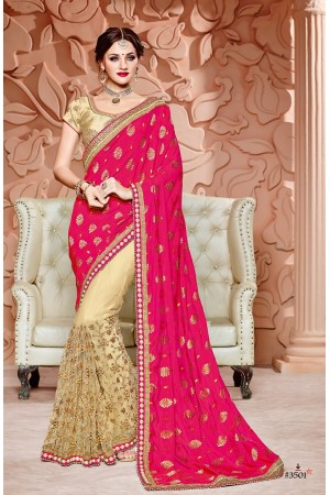 Pink and beige silk and net wedding wear saree