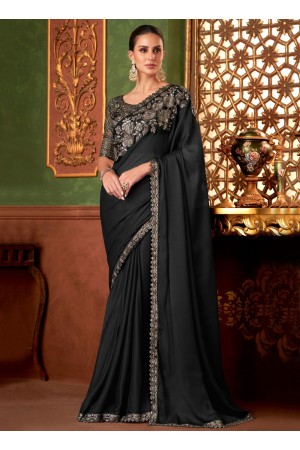 Black silk chiffon sequins embroidered wedding saree with blouse 1402