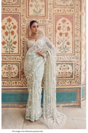 Bollywood Model aqua green net sequins embroidered saree