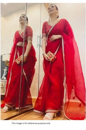 Bollywood model red organza silk sequins embroidery wedding saree