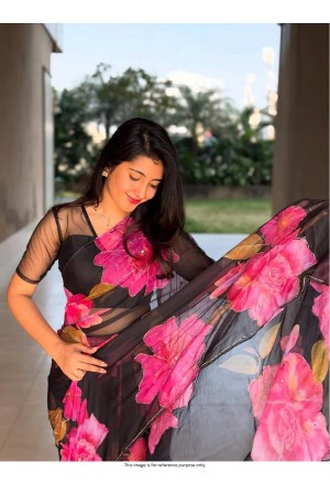 Bollywood Model handwork floral digial print organza saree in Black