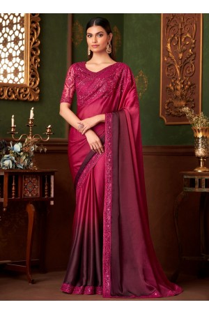 Rani shaded silk chiffon sequins embroidered wedding saree with blouse 1409