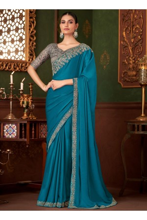 Teal blue silk chiffon sequins embroidered wedding saree with blouse 1405