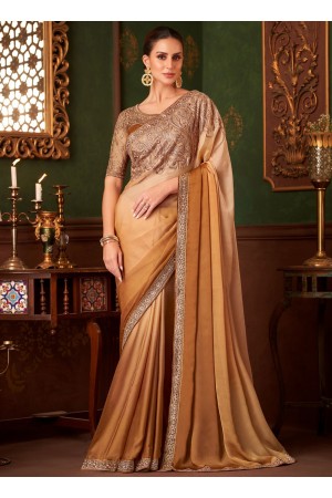 Golden shaded satin chiffon sequins embroidered wedding saree with blouse 1404